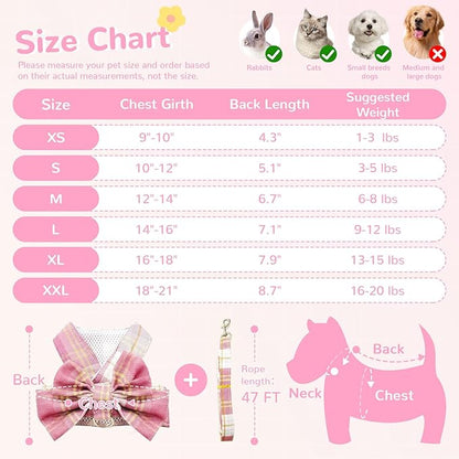 Cute Dog Harness and Leash Set with Bow Tie Soft Mesh Plaid Girl Puppy Harness No Pull Pet Cat Dog Vest Harness for Small Dogs Chihuahua Rabbit Outfit (Pink,S)