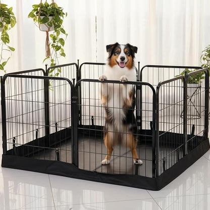 Dog Playpen w/Square Bottom Floor Cover - 32 inch, 8 Panel Portable Black Metal Pet Play Pen for Small & Medium Dogs - Indoor/Outdoor Kennel Cage for Home, Yard, RV, or Camping