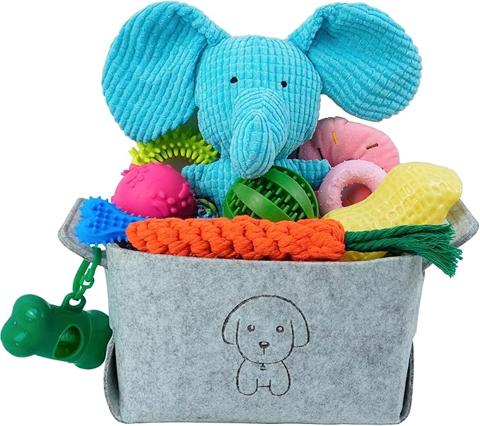 MRSOHRET 20Pcs Puppy Chew Toys for Teething, Dog Chew Toys with Rope Toys, Pet Dog Toothbrush, Treat Balls, Plush Toys and Squeaky Toy for Small Medium Dogs with Basket (20 Pack Elephant)