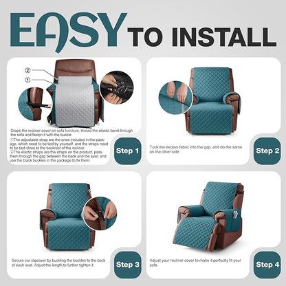 KinCam 100% Waterproof Recliner Chair Cover, Reclining Couch Covers for Pets, Dogs, Recliner Couch Slipcover Furniture Protector with Elastic Straps for Kids(23.6", Peacock Blue)