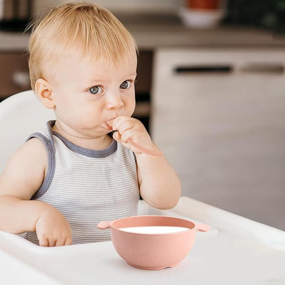 shopwithgreen Unbreakable Kids Bowls -Microwave Dishwasher Safe- Wheat Straw Snack Bowl Sets for Kids/Toddler/Children/Baby Feeding - 4 Bowls and 4 Spoons, Lightweight and Durable, 14 OZ