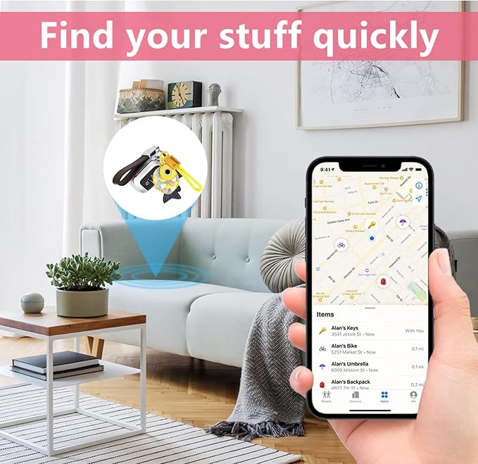 Leather Keychain Holder Case Compatible with AirTag,Cute Protective Cover with Keyring and Lanyard,Anti-Scratch Finder GPS Tracker Case for Wallet Keys,Bag,Pets,Backpack(Yellow Fish)