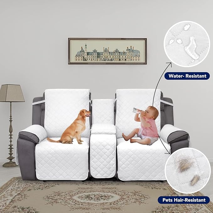 PureFit Water Resistant Reversible Loveseat Recliner Couch Cover for Double Recliner with Console – Non Slip Split Sofa Cover, Washable Reclining Cover for 2 Seat Recliner (2 Seat, White/White)
