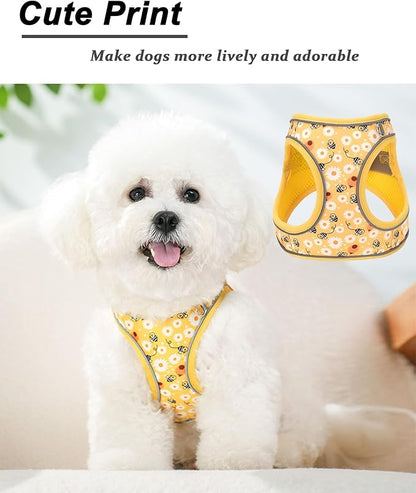 M Yellow Flower Pattern Dog Harness and Leash Set,No Escape Harnesses for Training Walking，Breathable Adjustable Puppy Vest for Small Medium Dogs, Cats (Yellow, M)