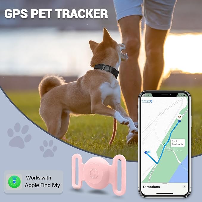 GPS Tracker for Dogs, Mini GPS Cat Tracker, IPX8 Waterproof GPS Trackers for Cats with Holder, No Monthly Fee, Work with Apple Find My(iOS Only), Smart Trackers for Dogs-Pink-4