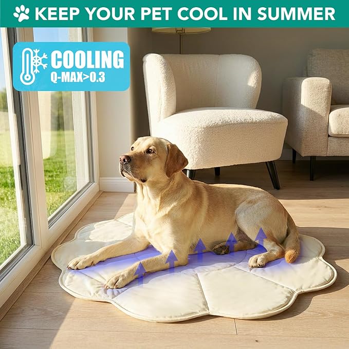 PetAmi Dog Cooling Mat, Flower Shape, Reversible Cooling Nylon Blanket Soft Fleece Pet Pad for Dogs Cats, Summer All Season Use Q-Max>0.3, Small 35x35 in, Beige