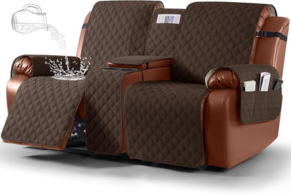 Ruaozz Waterproof Loveseat Recliner Cover with Console Non-Slip Reclining Couch Covers Split Sofa Slipcovers with Elastic Straps Furniture Protector for Kids, Dogs, Pets (Dark Brown, 2 Seater)