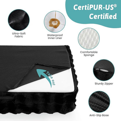COZY KISS Faux Rabbit Fur Orthopedic Dog Bed, Dog Bed for Large Size, Supportive Foam Pet Sofa with Waterproof Lining Cover, Washable U-Shaped Pet Couch with Anti-Slip Bottom, Black L 36x27x6.5 inch