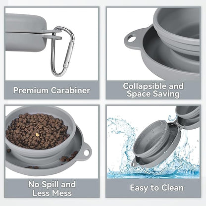 Collapsible Dog Water Bowl 2 in 1 Foldable Pet Food and Water Bowl Portable Cats Dishes with Carabiner Clip for Traveling Hiking Camping Walking (Grey)