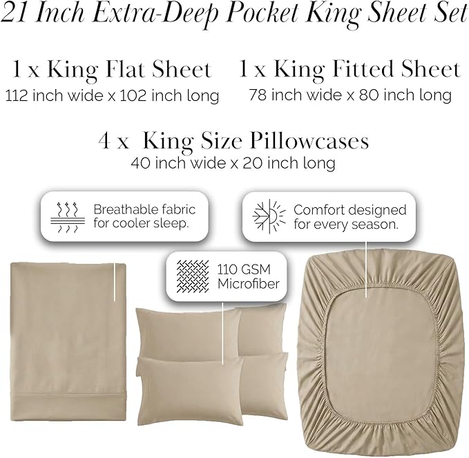 Southshore Fine Living, Inc. 21-Inch Taupe King Sheets Deep Pocket, 6-Piece Extra Deep Pocket King Sheet Set, Elastic Fitted Sheet, Oversized Flat, Machine Washable, 4 Pillow Cases, Taupe Sheets