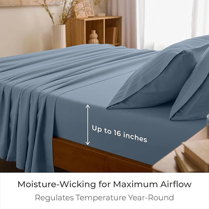 Mellanni Split King Sheet Set - 7-Piece Iconic Collection Bedding, (Including 4 Pillowcases), 16-Inch Deep Pocket, Easy Care, Extra Soft, Cooling Sheets, Brushed Microfiber - Blue Hydrangea