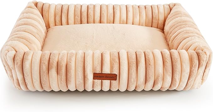 Modern Threads Ribbed Plush Two-Tone Cuddler Dog Bed, Ultra-Soft Faux Rabbit Fur, Supportive Bolstered Sides, Removable Washable Cover, Bed for Medium Dogs, Cream, (28" L x 21" W x 9" Th)