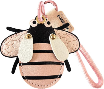 Leather Keychain Holder Case Compatible with AirTag,Cute Protective Cover with Keyring and Lanyard,Anti-Scratch Finder GPS Tracker Case for Wallet Keys,Bag,Pets,Backpack(Pink Bee)
