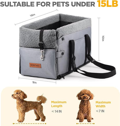 Console Dog Car Seat for Small Dogs,Small Dog Booster Seat for Car Washable Foldable Puppy Car Seat with Safe Protection Hooks Adjustable Straps and Storage Pocket Pet Up to 15lbs