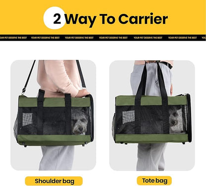 Conlun Cat Carrier Airline Approved, Soft-Sided Dog Carrier with Inner Safety Leash, Pet Transport Carrier for Small-Medium Cats Puppies up to 15 Lbs, Collapsible Travel Kitten Carrier Bag -Green M