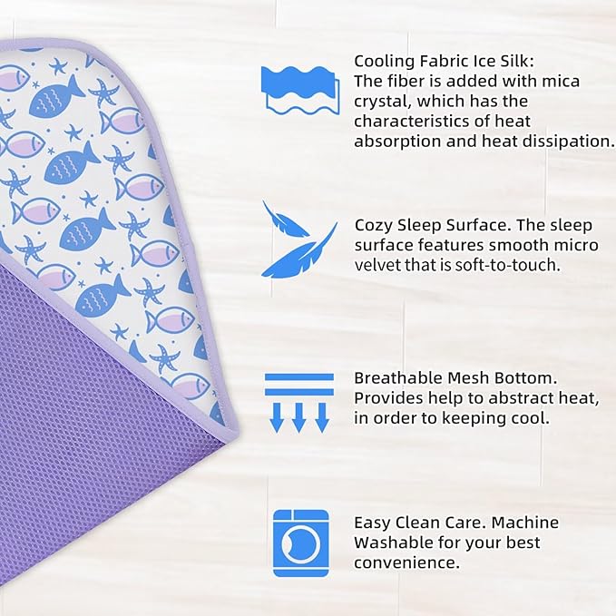 NWK Pet Cooling Mat -Q-Max>0.345 Ice Silk Cooling Mat for Dogs & Cats Portable & Washable Pet Cooling Blanket, Car Seats, Beds for Summer (Purple Fish, 27'' X 20'' X 0.3'')