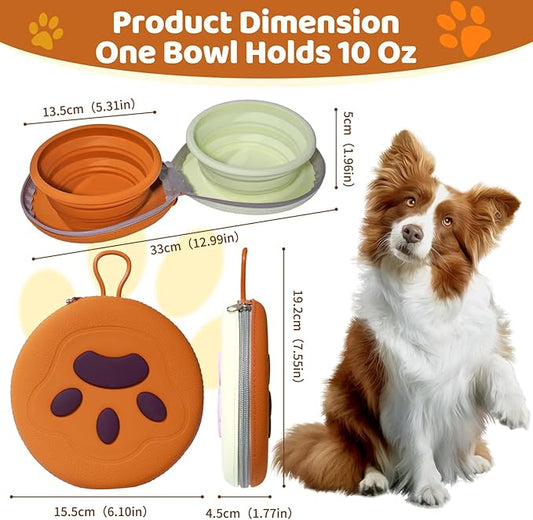 Portable Dog Travel Bowls – 2 in 1 Collapsible Silicone Bowls with Carry Case | All-in-One Food & Water Solution for Camping, Hiking, Car Travel | BPA-Free, Leash Clip, Easy Clean