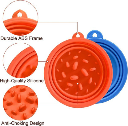 Large Collapsible Dog Bowls (34oz), 2 Pack 2 Colors Pet Travel Foldable Bowl and Slow Feeding Frisbee with Carabiners, Healthy, Soft Silicone, Portable Essential Set for Walking, Travel, and Hiking