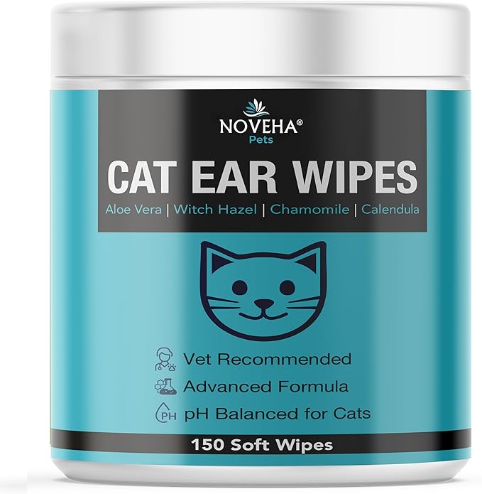 NOVEHA Cat Ear Wipes that Gently Clean & Soothe Sensitive Cat Ears; Soft Ear Cleaner for Removing Wax, Dirt & Odor; Alcohol-Free Ear Care with pH Balanced Formula; Unscented Grooming Care 150pcs