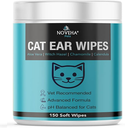NOVEHA Cat Ear Wipes that Gently Clean & Soothe Sensitive Cat Ears; Soft Ear Cleaner for Removing Wax, Dirt & Odor; Alcohol-Free Ear Care with pH Balanced Formula; Unscented Grooming Care 150pcs