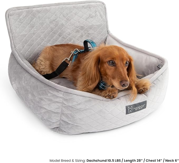 Nandog Pet Gear Luxury Dog Car Seat Bed w/Removable & Washable Pad Insert & Thick Car Seatbelt Straps - Secure, Comfortable, Easy-to-Clean Pet Carrier (Light Grey, 18" L x 16" W in)