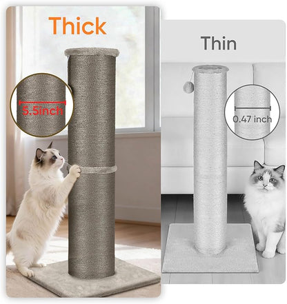 PAWSCRAT Cat Scratching Post 32 Inch High, 5.5 Inch Large Diameter Natural Sisal Cat Scratch Post, Scratch-Resistant and Durable Tall Cat Scratcher for Indoor Cats, Protect Your Furniture, Gery