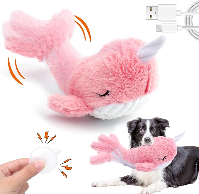 Mity rain 2 in 1 Interactive Dog Toys, Fish Dog Toy to Keep Them Busy, Plush Squeaky Dog Toy, Rechargeable Wiggly Pink Pet Toys for Small Medium Large Dogs, Moving Dog Toy for Indoor&Outdoor
