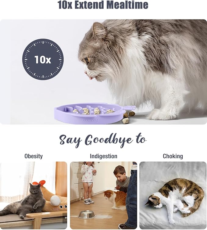 Coomazy 2-in-1 Silicone Slow Feeder Dog Cat Bowls, Lick Mat Interactive Puzzle Toy for Pets Dry/Wet Food Training, Keeps Dogs Cats Busy, Prevents Puppy Kitty Overeating (Purple, 1.2 Cup)
