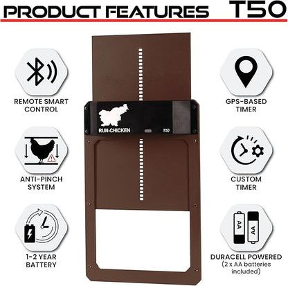 RUN-CHICKEN Door T50 – Automatic Chicken Coop Door Opener, Battery Powered & Weatherproof Aluminum, Smart App & Timer Control, Predator Proof, Easy Install, Reliable All-Season Performance (Brown)