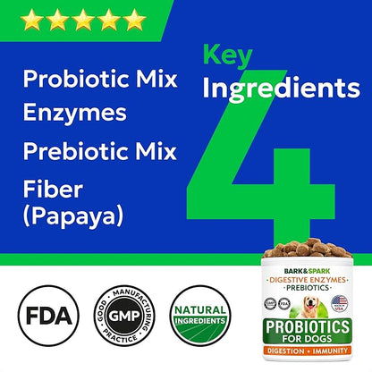 Bark&Spark Dog Probiotics & Digestive Enzymes (Gut Health) Allergy & Itchy Skin - Pet Diarrhea Gas Treatment Upset Stomach Relief, Digestion Health Prebiotic Supplement Large Dog Treats (240Ct Bacon)