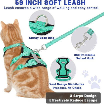 Cat Harness for Walking, Escape Proof Cat Harness and Leash Set with Reflective Strip, Adjustable Cat Leash Breathable Soft Vest for Small to Large Cats, Green, M