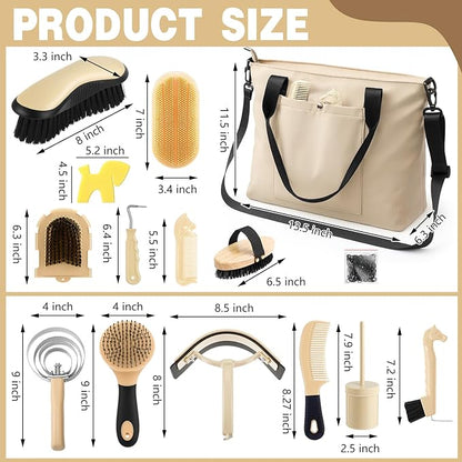 Abbylike 15 Pieces Horse Grooming Kit with Organizer Tote Bag Tack Room Supplies Horse Brush Sets Care Equine Cleaning Kit Shedding Grooming Massaging Tools (Beige)