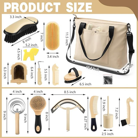 Abbylike 15 Pieces Horse Grooming Kit with Organizer Tote Bag Tack Room Supplies Horse Brush Sets Care Equine Cleaning Kit Shedding Grooming Massaging Tools (Beige)
