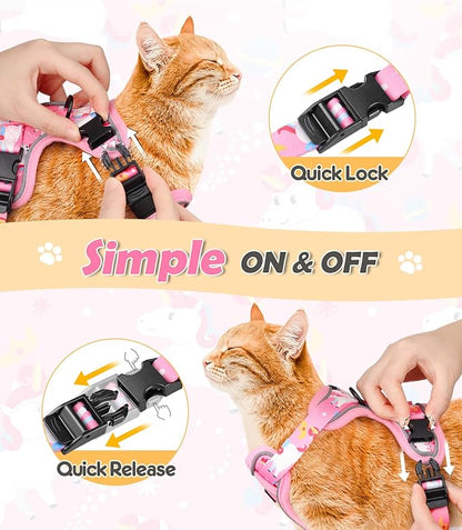Halypet Cat Harness and Leash Set[MAX Safety 4th-Gen] Cute Escape Proof Vest Harness for Girl&Boy Cat Walking, Comfortable Adjustable Leash and Reflective Strips for Outdoor Kitten, M Pink Unicorn