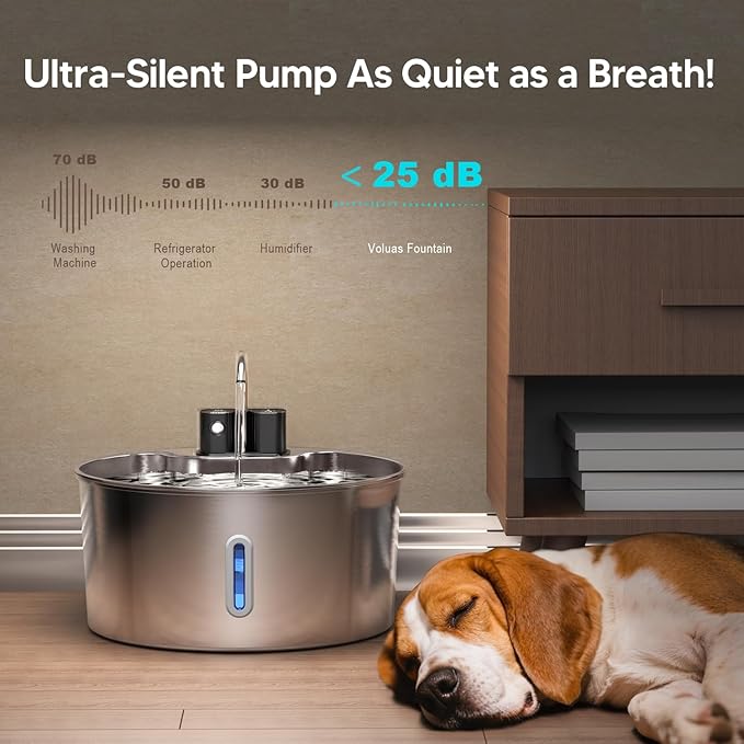 Voluas Dog Water Fountain: 1.8Gal/7L Wireless Stainless Steel Dog Fountain Bowl for Small to Large Dogs, Battery Operated Pet Water Dispenser Indoor with Ultra-Quiet Pump, Easy Clean, 3 Filter