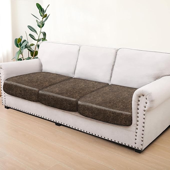 ANARACHON Leather Look Couch Cushion Covers Sofa Seat Slipcovers Sets Couches Furniture Protector for Sectional Armchair Loveseat Pets Kids Stretch Spandex Fabric (3 Cushion Sofa, Taupe)