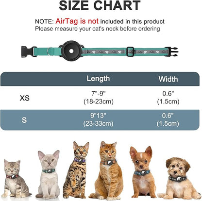 Reflective AirTag Cat Collar, Integrated Cat Tracker Collar with Air Tag Holder and Bell, Safety Elastic Band Cat GPS Collars for Girl Boy Cats, Kittens and Puppies (Green,S)