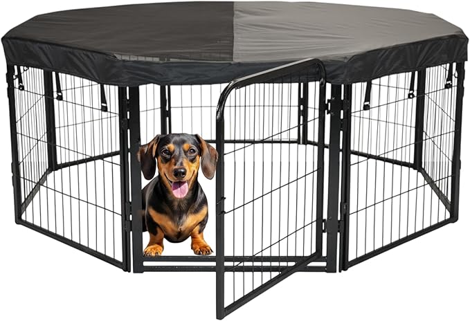 Dog Playpen w/Octagon Top Shade Cover - 24 inch, 8 Panel Portable Black Metal Pet Play Pen for Small Dogs & Puppies - Indoor/Outdoor Kennel Cage for Home, Yard, RV, or Camping