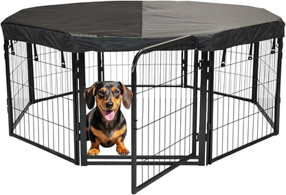 Dog Playpen w/Octagon Top Shade Cover - 24 inch, 8 Panel Portable Black Metal Pet Play Pen for Small Dogs & Puppies - Indoor/Outdoor Kennel Cage for Home, Yard, RV, or Camping