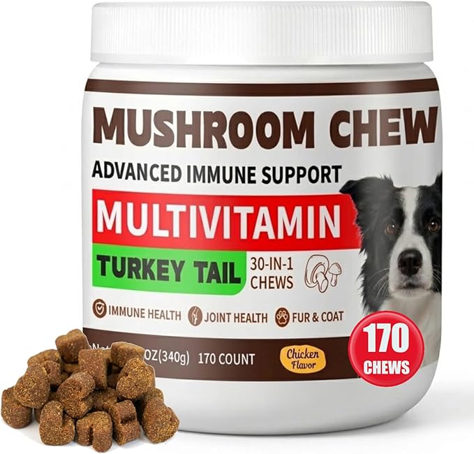 Turkey Tail Mushroom for Dogs, 170 Count Mushroom Chews for Dogs, Chicken Flavor Mushroom Supplements for Dogs, Immune Support, Joints Health, Skin & Coat, Lumps & Bumps Care Multivitamin
