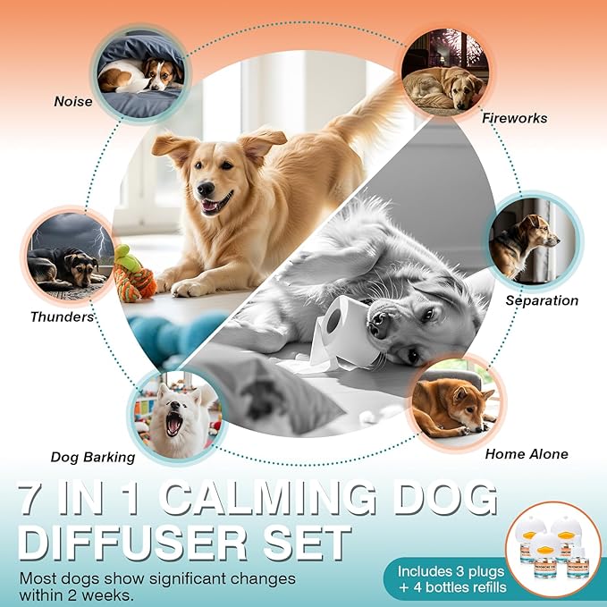 Dog Calming Pheromones Diffuser to Calm Pet 7 In 1 Advanced Kit Appeasing Pheromone Diffuser for Anxiety Relief (3 Plug in+4 Pack 48ml Refill) Reduce Aggression Fighting Barking Stress (Tasteless)