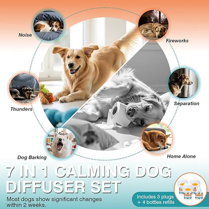 Dog Calming Pheromones Diffuser to Calm Pet 7 In 1 Advanced Kit Appeasing Pheromone Diffuser for Anxiety Relief (3 Plug in+4 Pack 48ml Refill) Reduce Aggression Fighting Barking Stress (Tasteless)