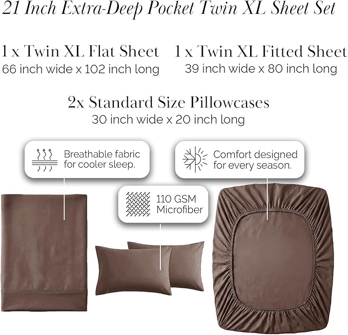 Southshore Fine Living, Inc. 6-Piece Twin XL Sheet Sets, 21-Inch Deep Pocket Twin XL Fitted Sheet, Oversized Flat Sheet, Chocolate Brown Pillow Cases Standard Size, Chocolate Brown Sheets