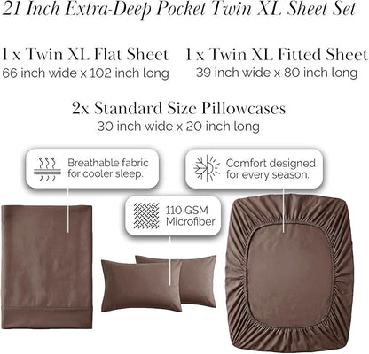 Southshore Fine Living, Inc. 6-Piece Twin XL Sheet Sets, 21-Inch Deep Pocket Twin XL Fitted Sheet, Oversized Flat Sheet, Chocolate Brown Pillow Cases Standard Size, Chocolate Brown Sheets
