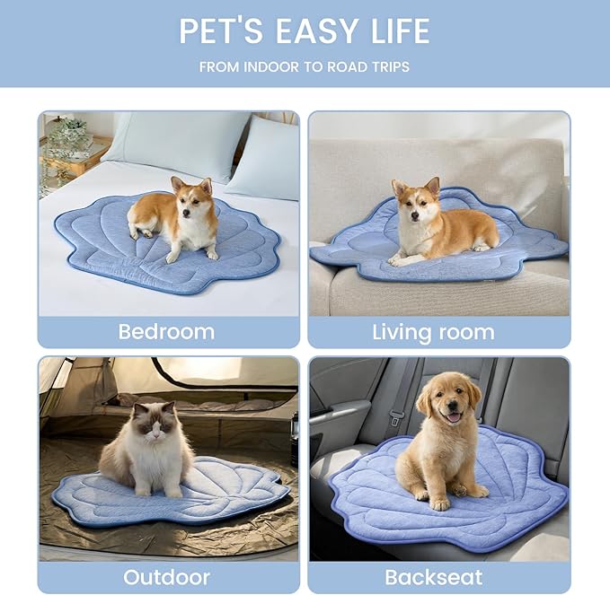 Cozy Bliss Cute Shell Shape Cooling Mat for Small Dogs and Cats, Non-Slip, Leakproof Washable Pet Cooling Mat for Hot Weather with Q-Max 0.5, Indoor and Outdoor Summer Pad, Heather Haze Blue, 27"x30"