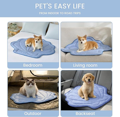 Cozy Bliss Cute Shell Shape Cooling Mat for Small Dogs and Cats, Non-Slip, Leakproof Washable Pet Cooling Mat for Hot Weather with Q-Max 0.5, Indoor and Outdoor Summer Pad, Heather Haze Blue, 27"x30"