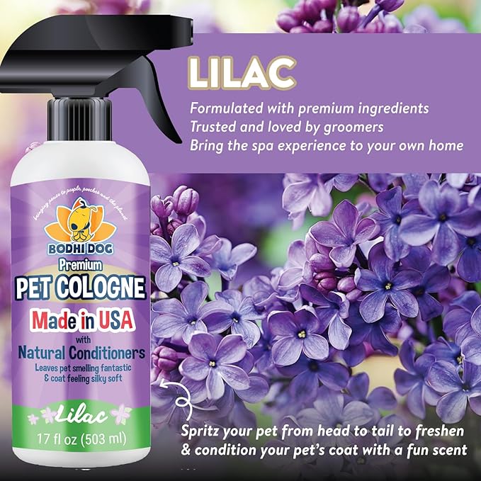 Bodhi Dog Premium Dog Cologne - Deodorizing Dog Perfume & Conditioner for Dogs & Cats - Natural Long Lasting Spray - Keeps Pets Fresh All Day - Gentle & Safe Formula, Made in USA (Lilac 17 Fl Oz)