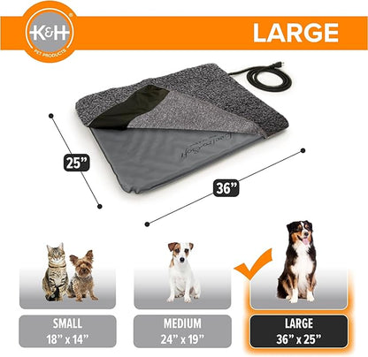 K&H Pet Products Lectro-Soft Orthopedic Outdoor Heated Dog Bed for Large Dogs or Multiple Cats, Safety Listed Warming Pad, Waterproof, Soft & Flexible, Washable Cover - Large 36 X 25in Gray 60W