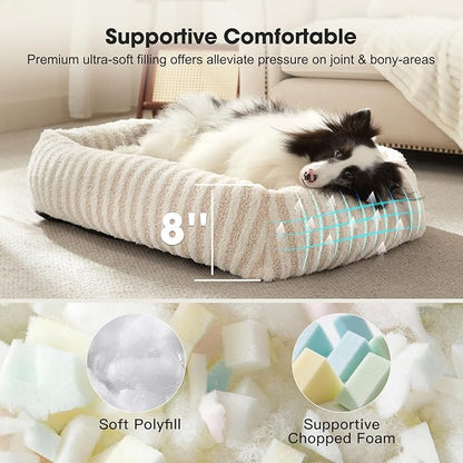 MIXJOY Dog Bed Medium Size Dog, Washable Medium Dogs Bed with Removable Cover, Soft Rectangle Pet Ded Fluffy Plush Faux Fur Pet Bed with Anti-Slip Bottom, 30"x30"x8", White