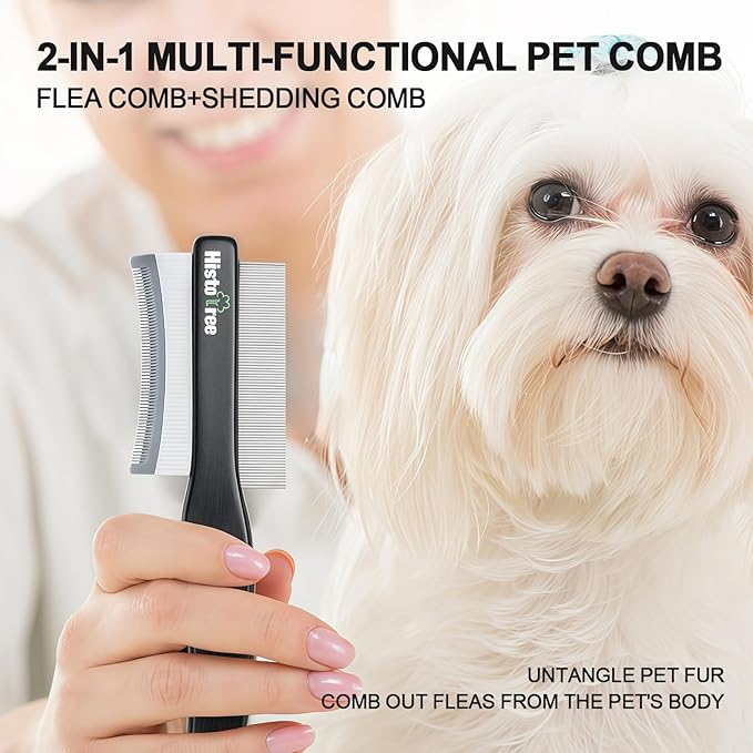 2-in-1 Dog Dematting&Deshedding Comb with Wooden Handle Double-Sided Fine Tooth Metal Flea Comb Pet Grooming Tool for Dogs and Cats Remove Loose Hair Tangles Dirt Fleas